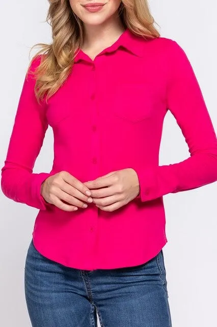 Women's Casual Long Sleeve Pocket Brushed Button Down Shirt