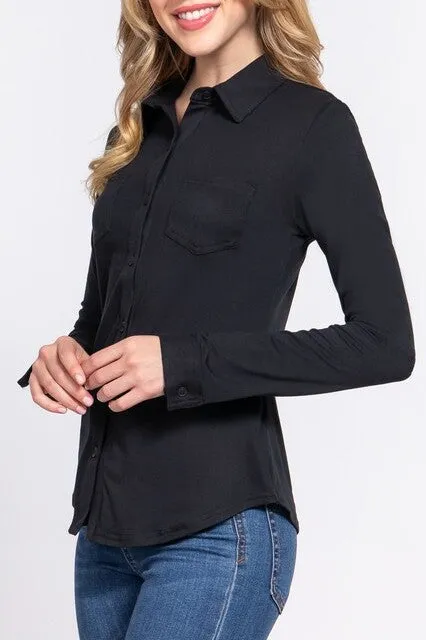 Women's Casual Long Sleeve Pocket Brushed Button Down Shirt