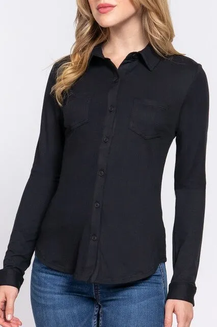 Women's Casual Long Sleeve Pocket Brushed Button Down Shirt