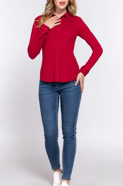 Women's Casual Long Sleeve Pocket Brushed Button Down Shirt