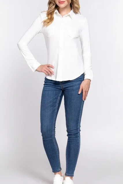 Women's Casual Long Sleeve Pocket Brushed Button Down Shirt