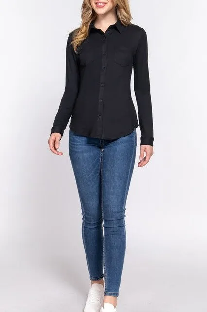 Women's Casual Long Sleeve Pocket Brushed Button Down Shirt
