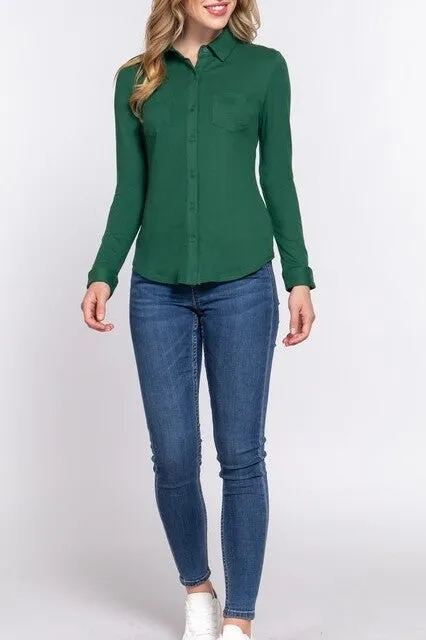Women's Casual Long Sleeve Pocket Brushed Button Down Shirt