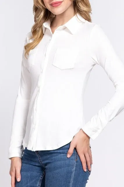 Women's Casual Long Sleeve Pocket Brushed Button Down Shirt