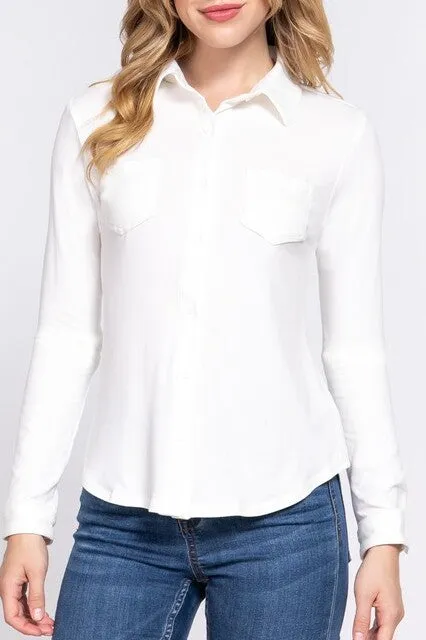 Women's Casual Long Sleeve Pocket Brushed Button Down Shirt