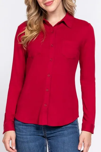 Women's Casual Long Sleeve Pocket Brushed Button Down Shirt