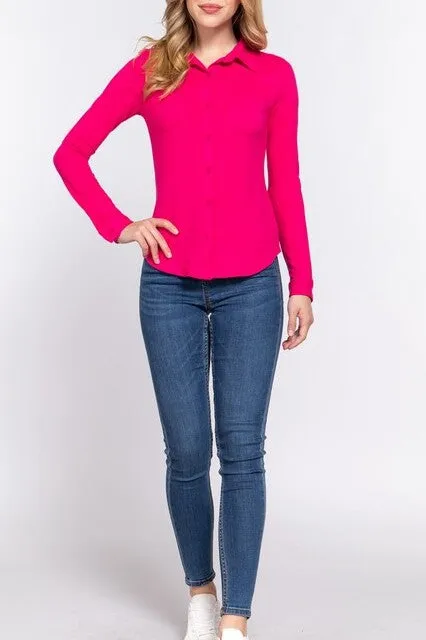 Women's Casual Long Sleeve Pocket Brushed Button Down Shirt
