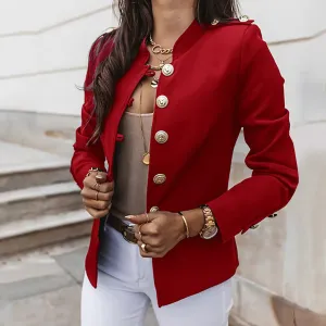 Women's Casual Slim Fit Solid Color Tops Button Long Sleeved Standing Collar Business Suit Jacket Trendy Office Short Suit Coat