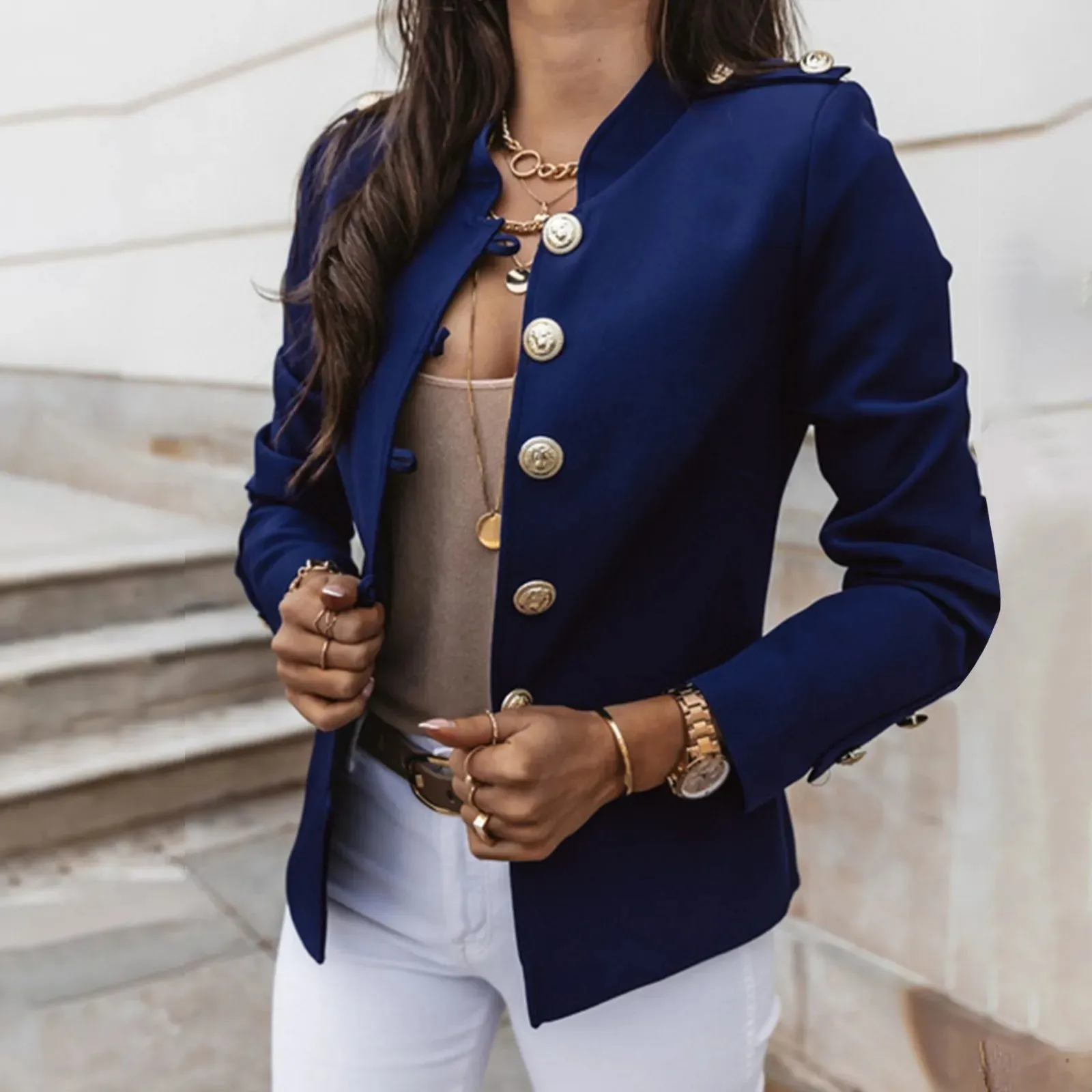Women's Casual Slim Fit Solid Color Tops Button Long Sleeved Standing Collar Business Suit Jacket Trendy Office Short Suit Coat