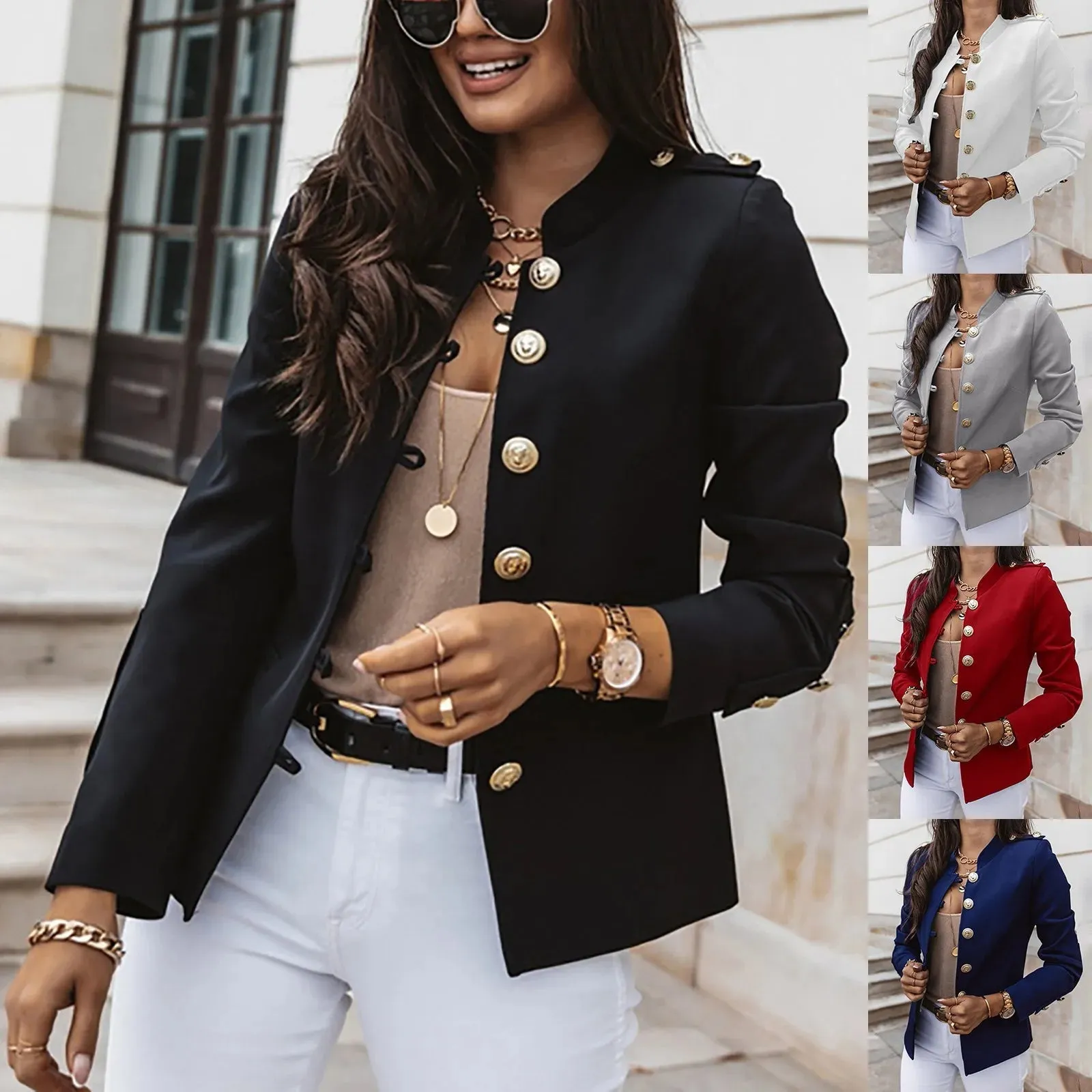 Women's Casual Slim Fit Solid Color Tops Button Long Sleeved Standing Collar Business Suit Jacket Trendy Office Short Suit Coat