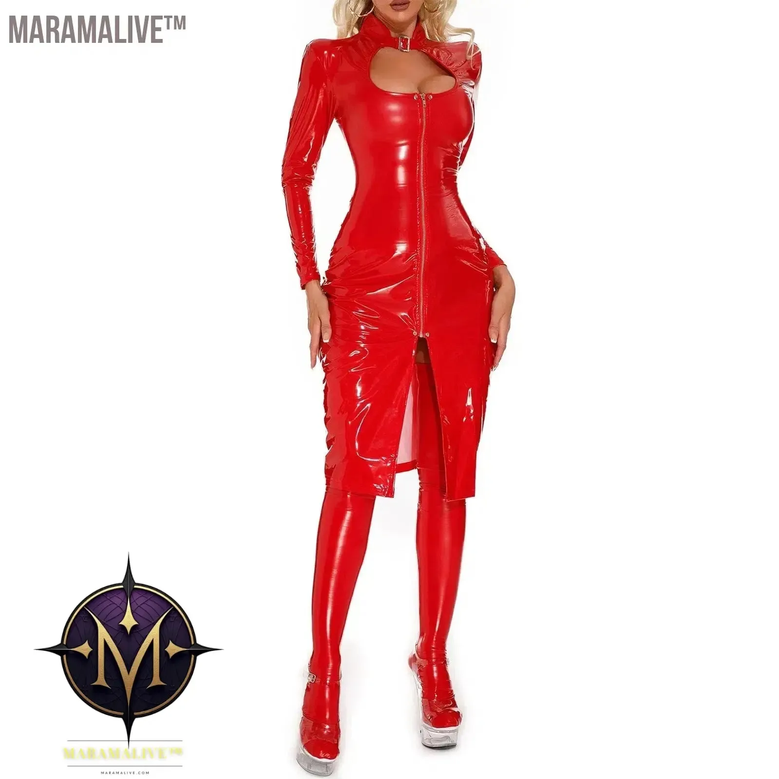 Womens Cutout Front Zipper Patent Leather Latex Dress Knee Length Stand Collar Long Sleeve Bodycon Dresses Gothic Punk Clubwear