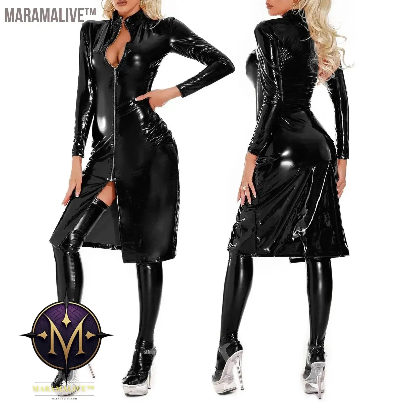 Womens Cutout Front Zipper Patent Leather Latex Dress Knee Length Stand Collar Long Sleeve Bodycon Dresses Gothic Punk Clubwear