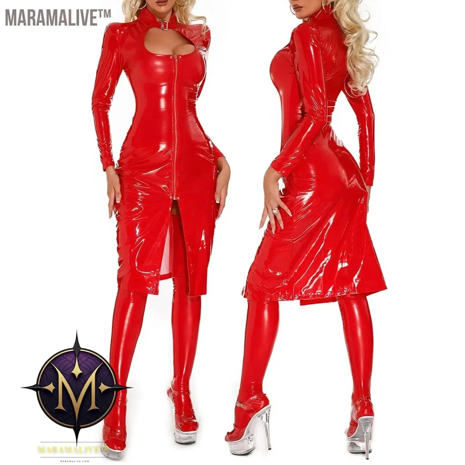 Womens Cutout Front Zipper Patent Leather Latex Dress Knee Length Stand Collar Long Sleeve Bodycon Dresses Gothic Punk Clubwear
