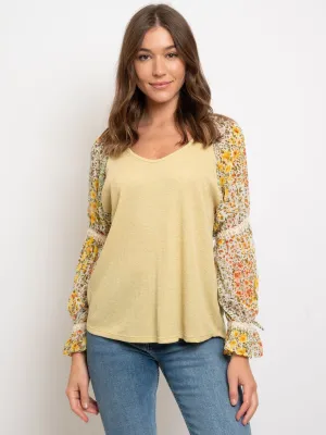 WOMEN'S DOUBLE PUFF FLORAL V-NECK TOP