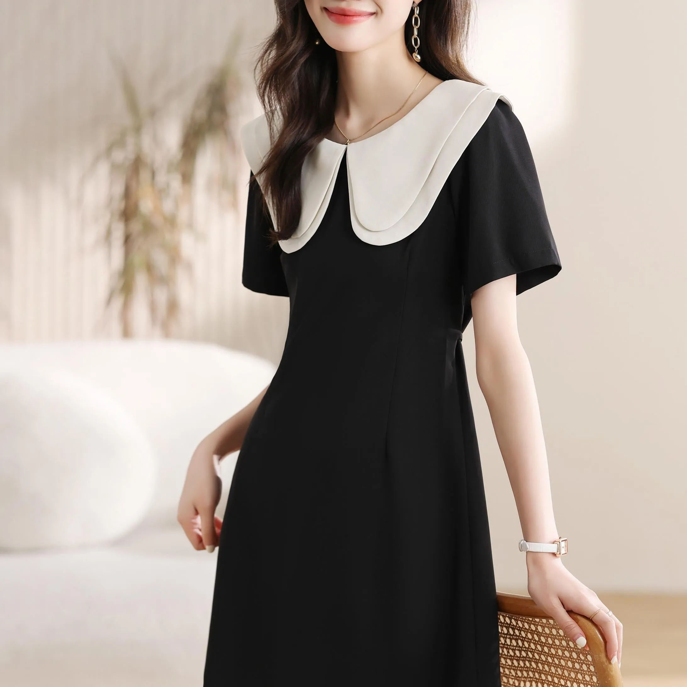 Women's French Style A-line Mini Dress with Waist Definition