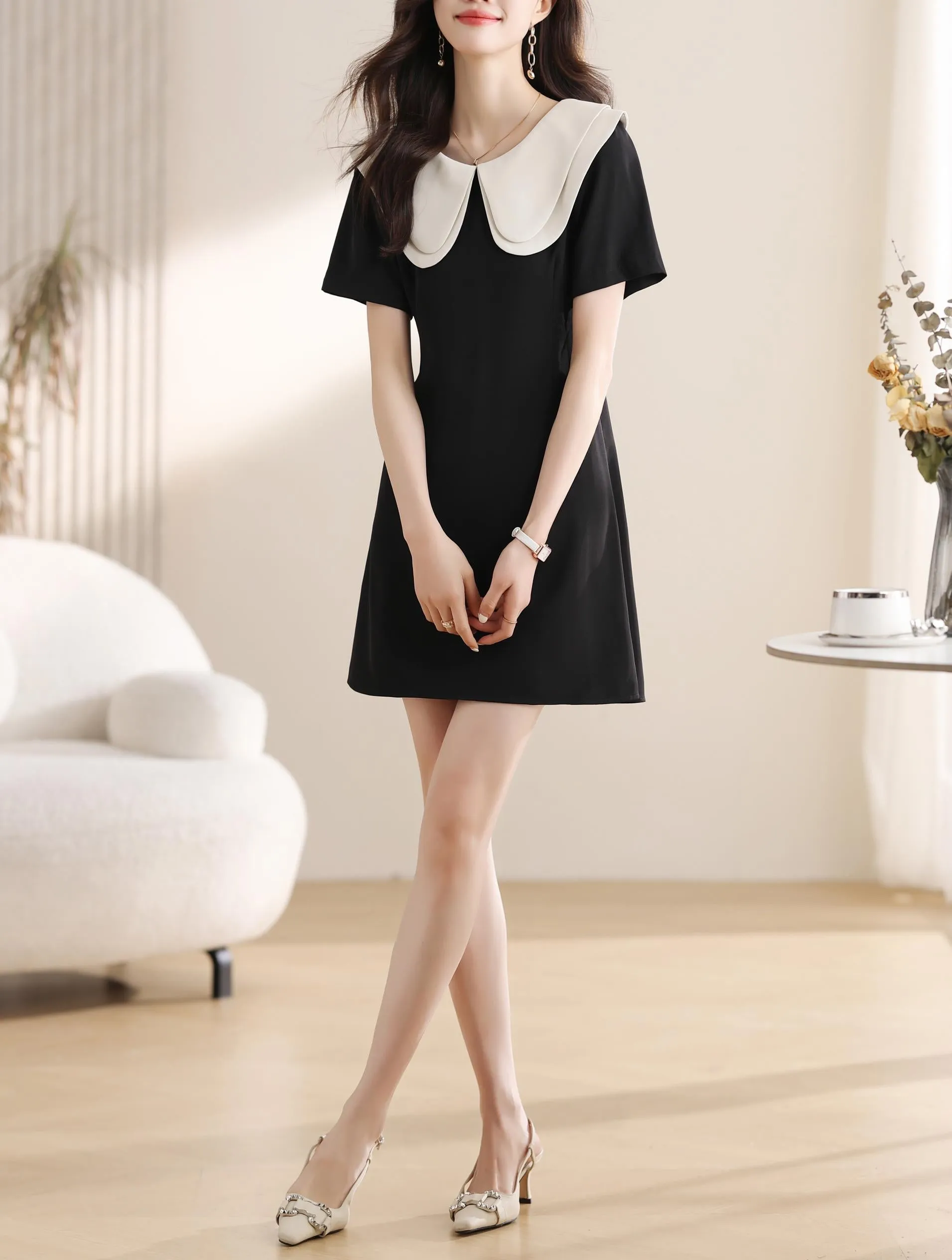 Women's French Style A-line Mini Dress with Waist Definition
