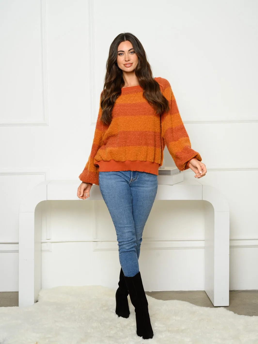 WOMEN'S LONG PUFF SLEEVE COLORBLOCK SWEATER
