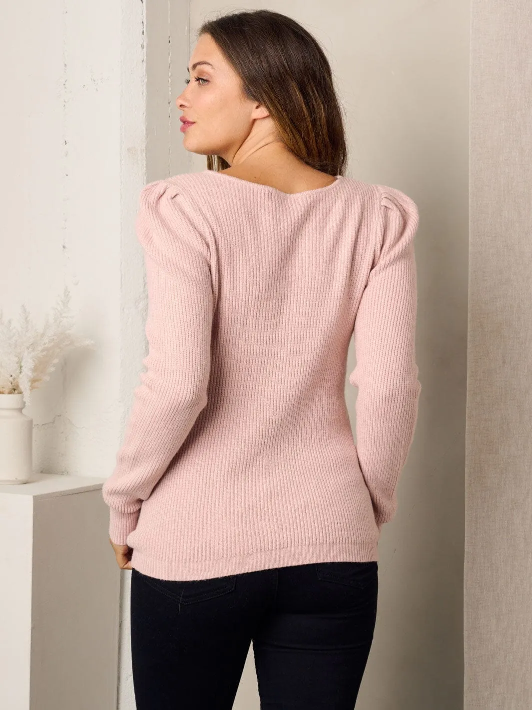 WOMEN'S LONG PUFF SLEEVE STUDS DETAILED KNIT SWEATER