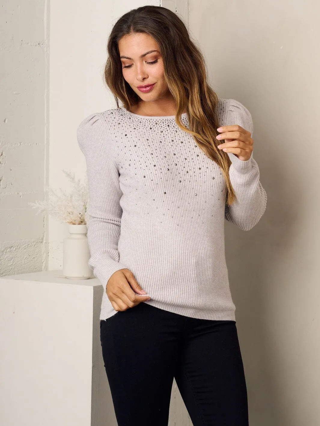 WOMEN'S LONG PUFF SLEEVE STUDS DETAILED KNIT SWEATER