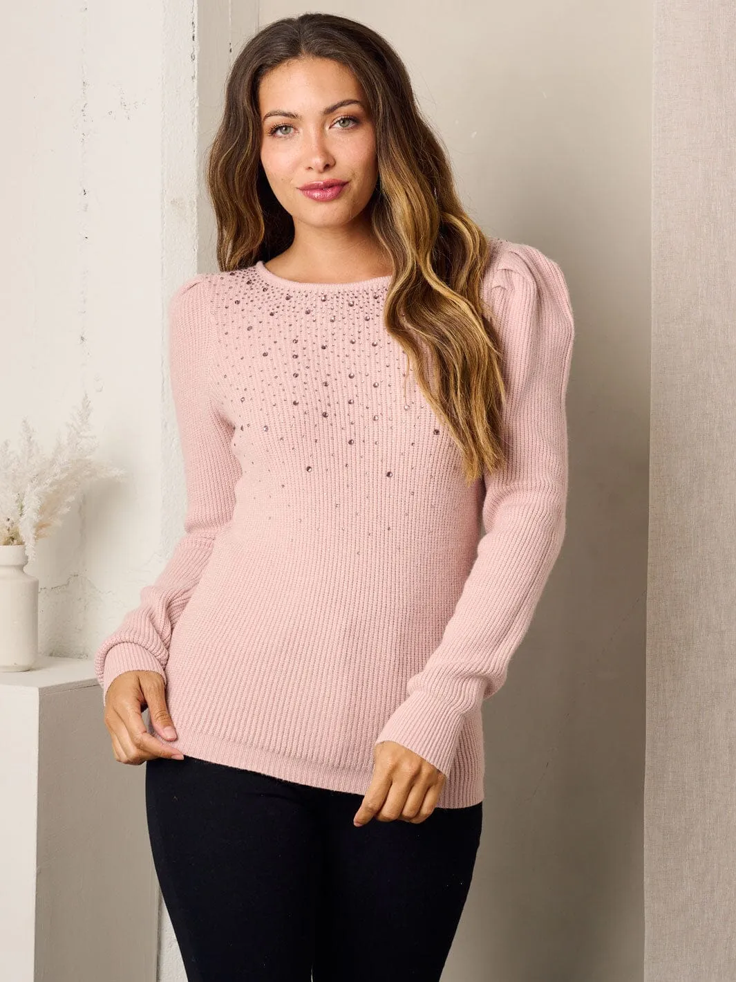 WOMEN'S LONG PUFF SLEEVE STUDS DETAILED KNIT SWEATER