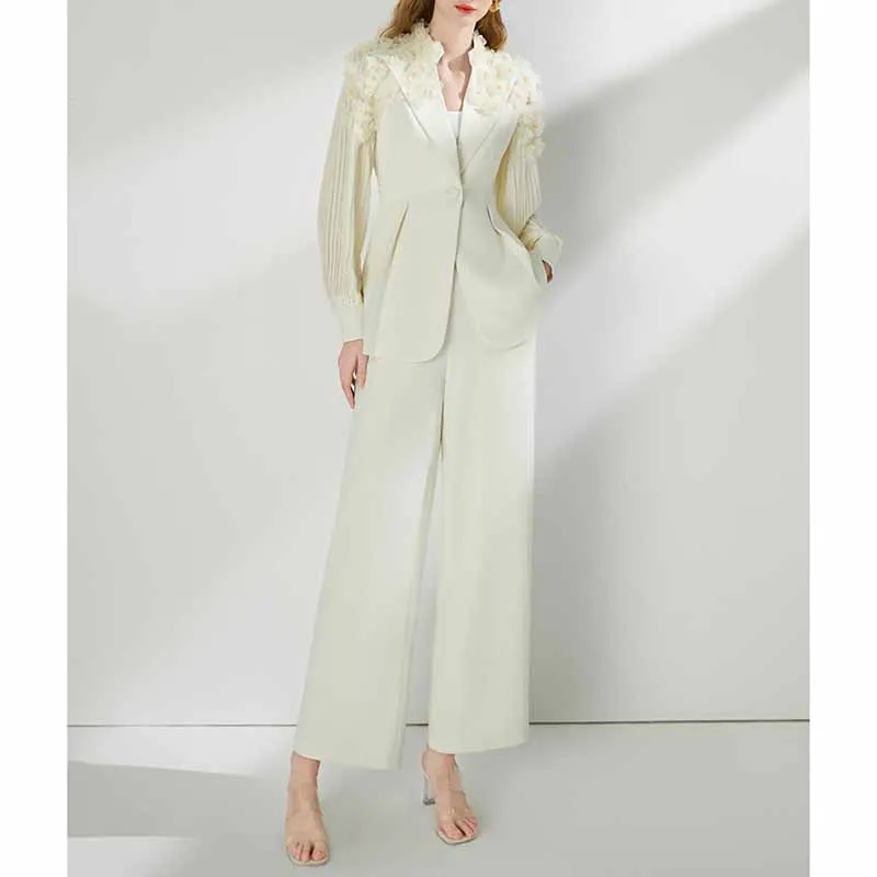 Women's One Button Pantsuit Puff Sleeves Formal Set Event Styling Outfit