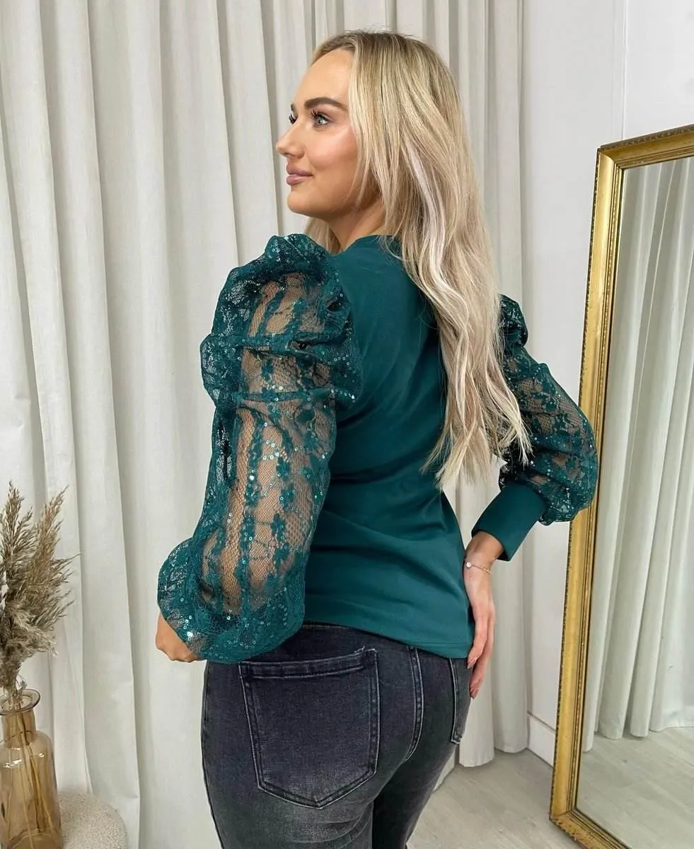 Womens Puff Sleeve Lace Long Sleeve Top