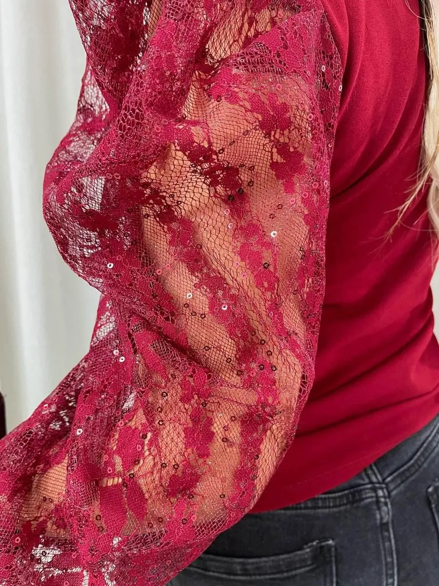 Womens Puff Sleeve Lace Long Sleeve Top