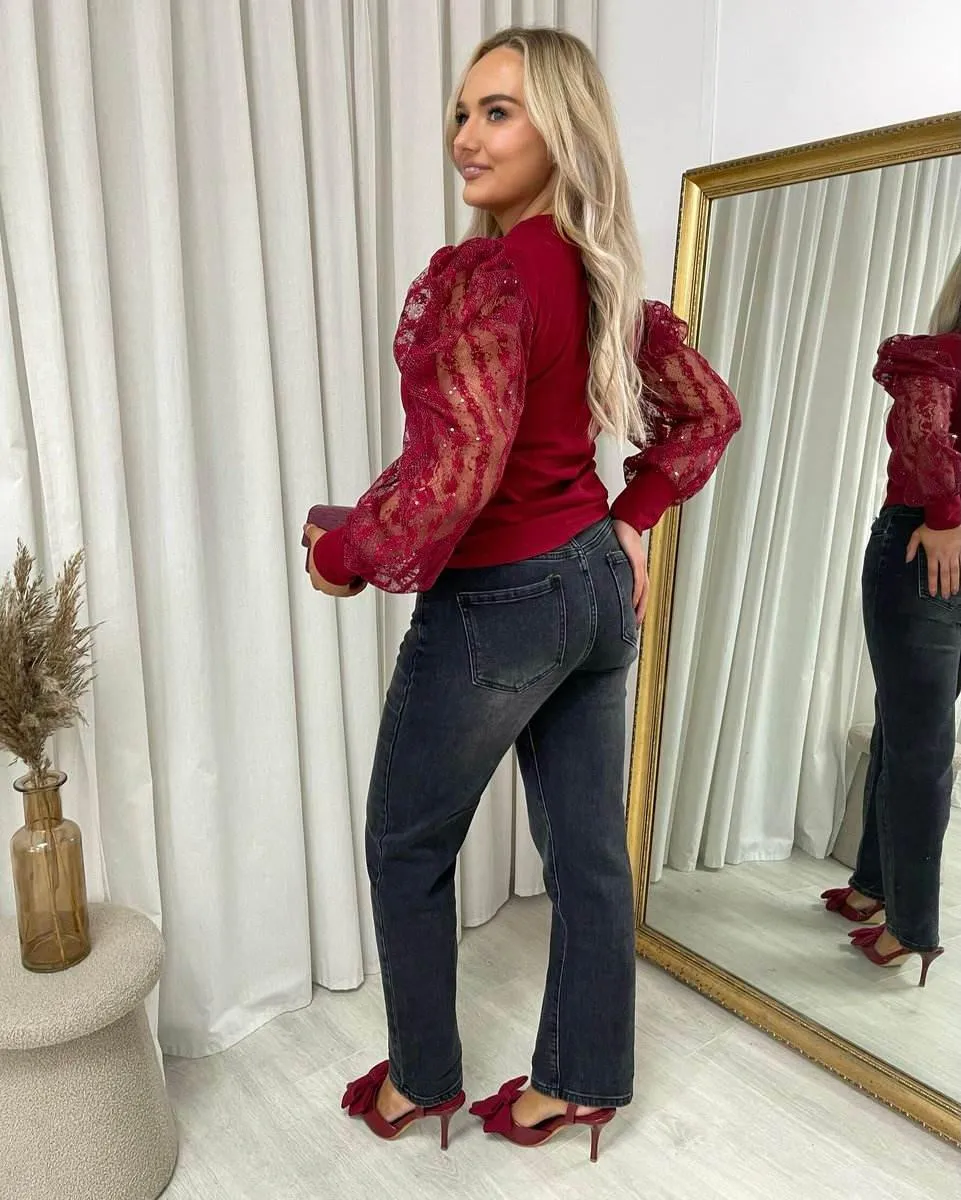 Womens Puff Sleeve Lace Long Sleeve Top