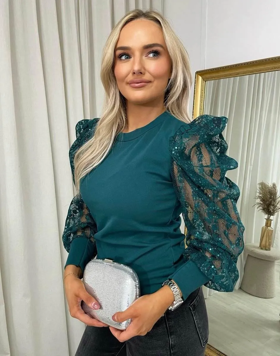 Womens Puff Sleeve Lace Long Sleeve Top