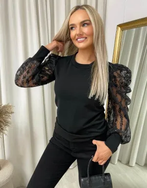 Womens Puff Sleeve Lace Long Sleeve Top