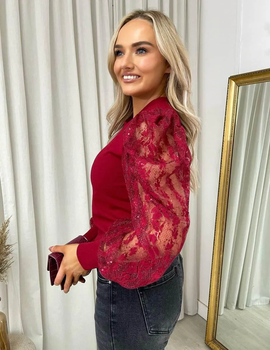 Womens Puff Sleeve Lace Long Sleeve Top