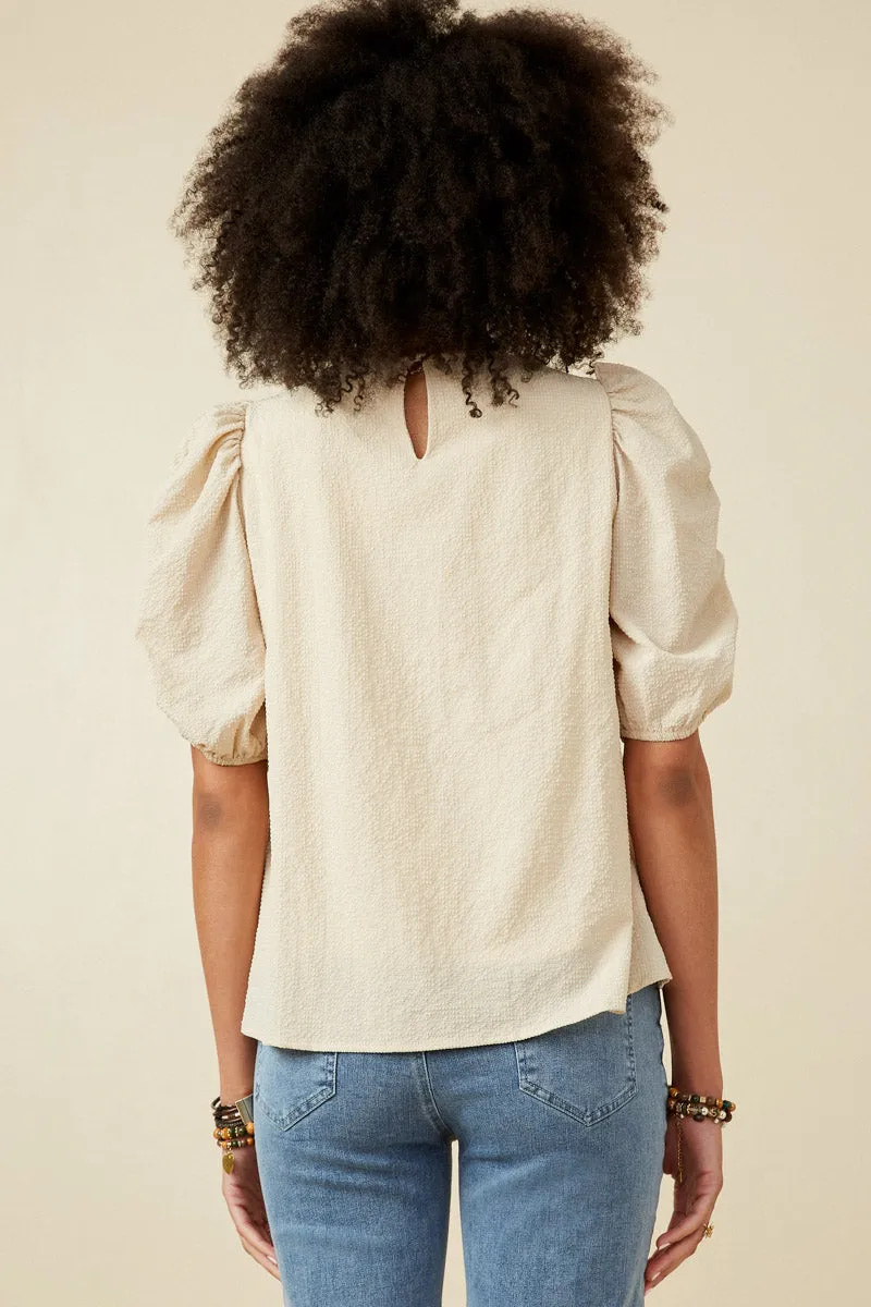Womens Seersucker Textured Puff Sleeve Top