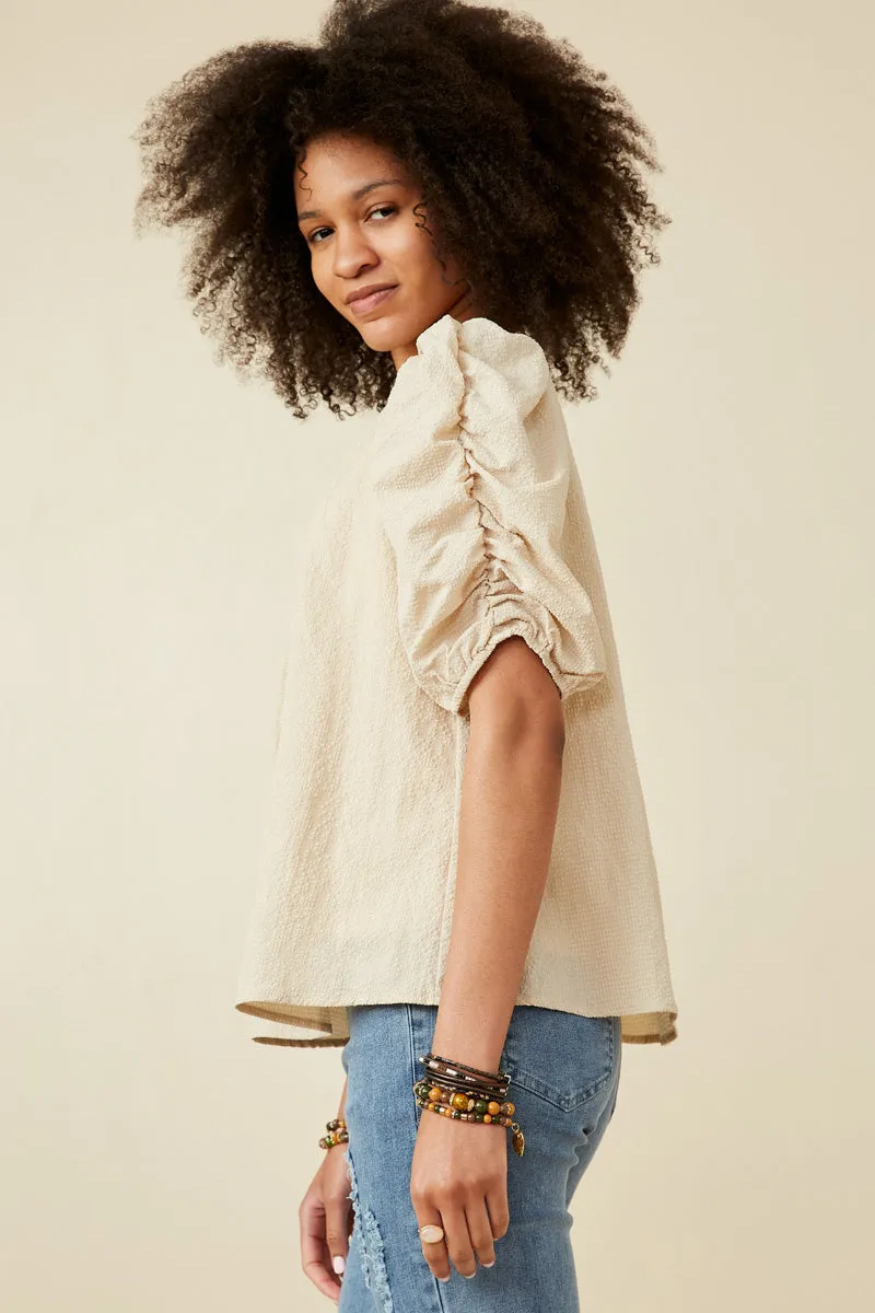 Womens Seersucker Textured Puff Sleeve Top