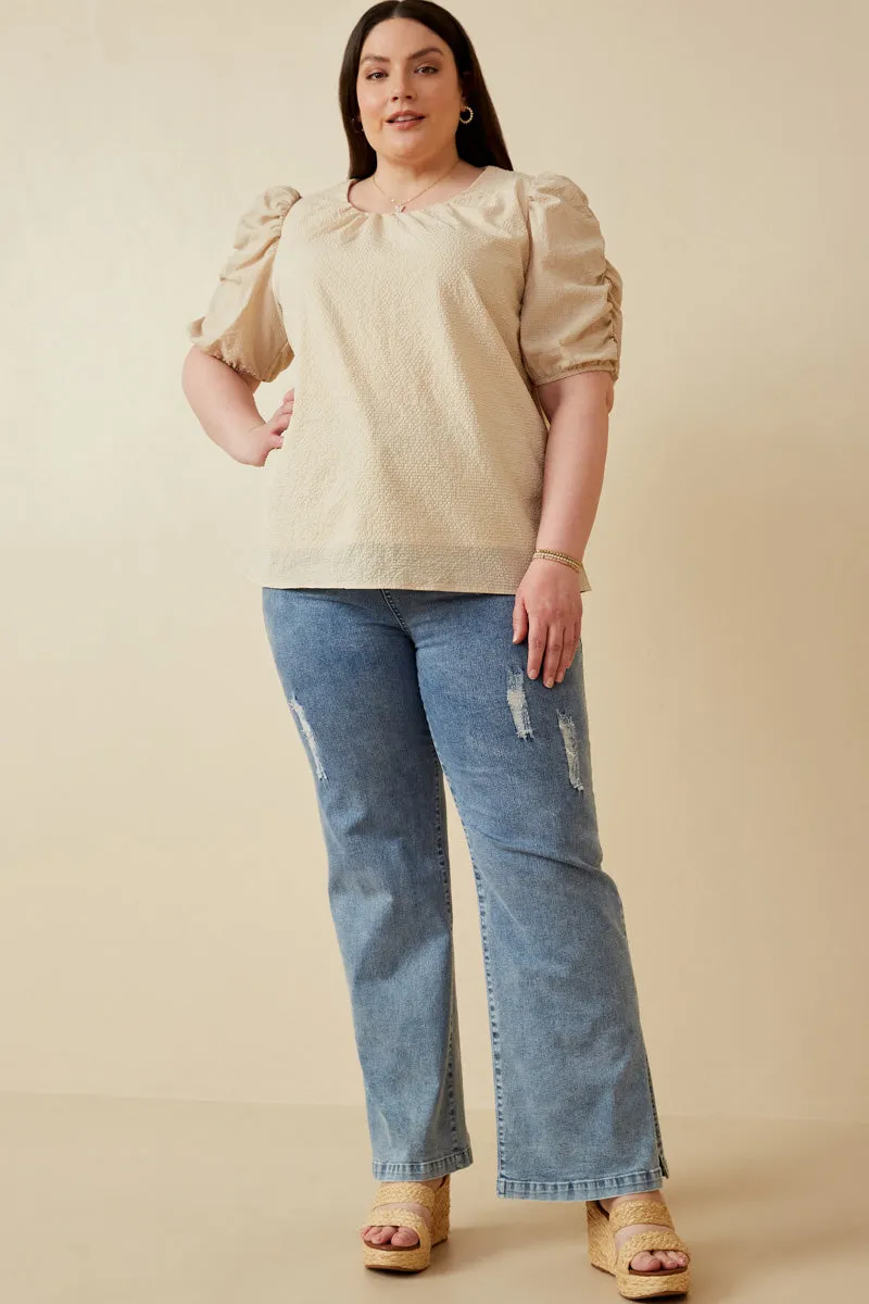 Womens Seersucker Textured Puff Sleeve Top
