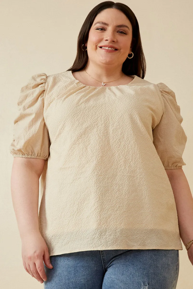 Womens Seersucker Textured Puff Sleeve Top