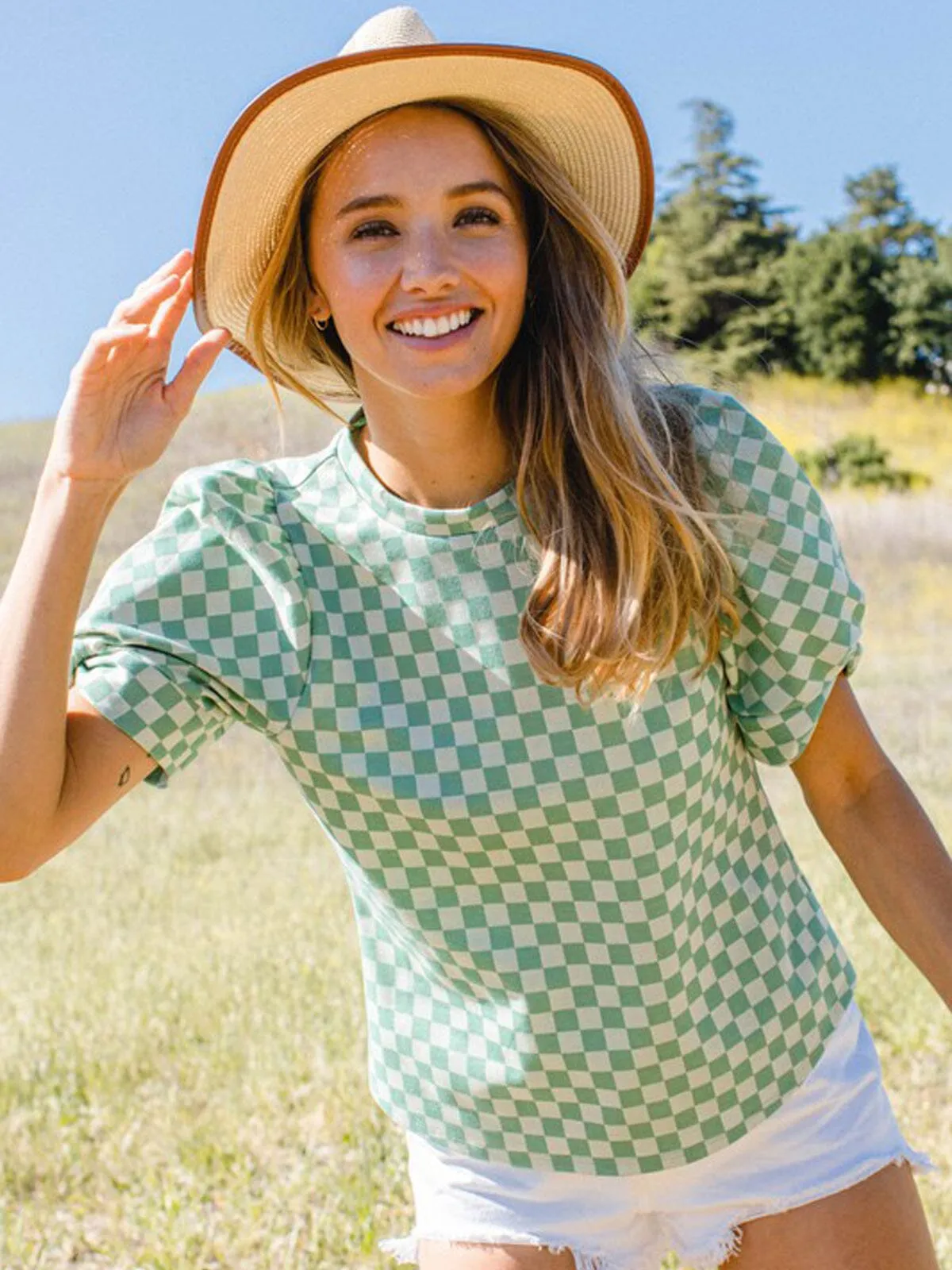 WOMEN'S SHORT PUFF SLEEVE CHECKERS PRINT TOP