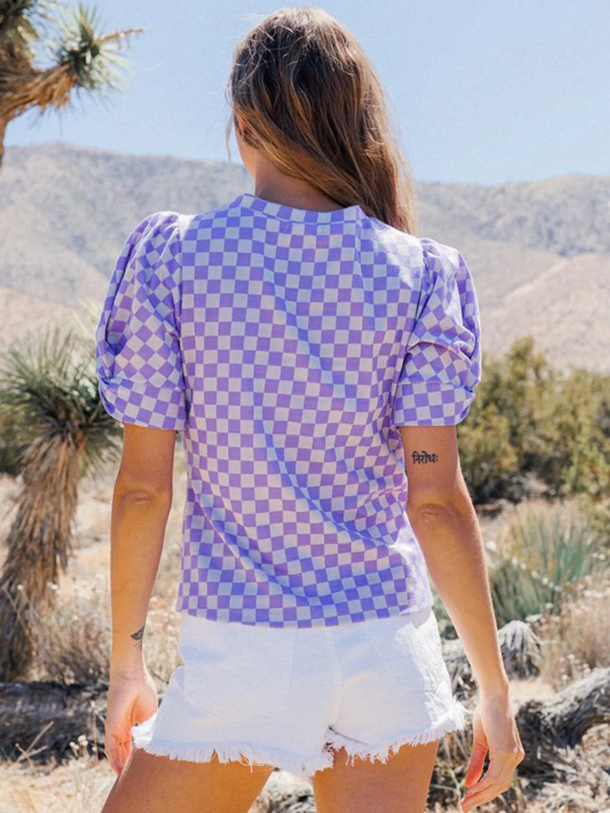 WOMEN'S SHORT PUFF SLEEVE CHECKERS PRINT TOP