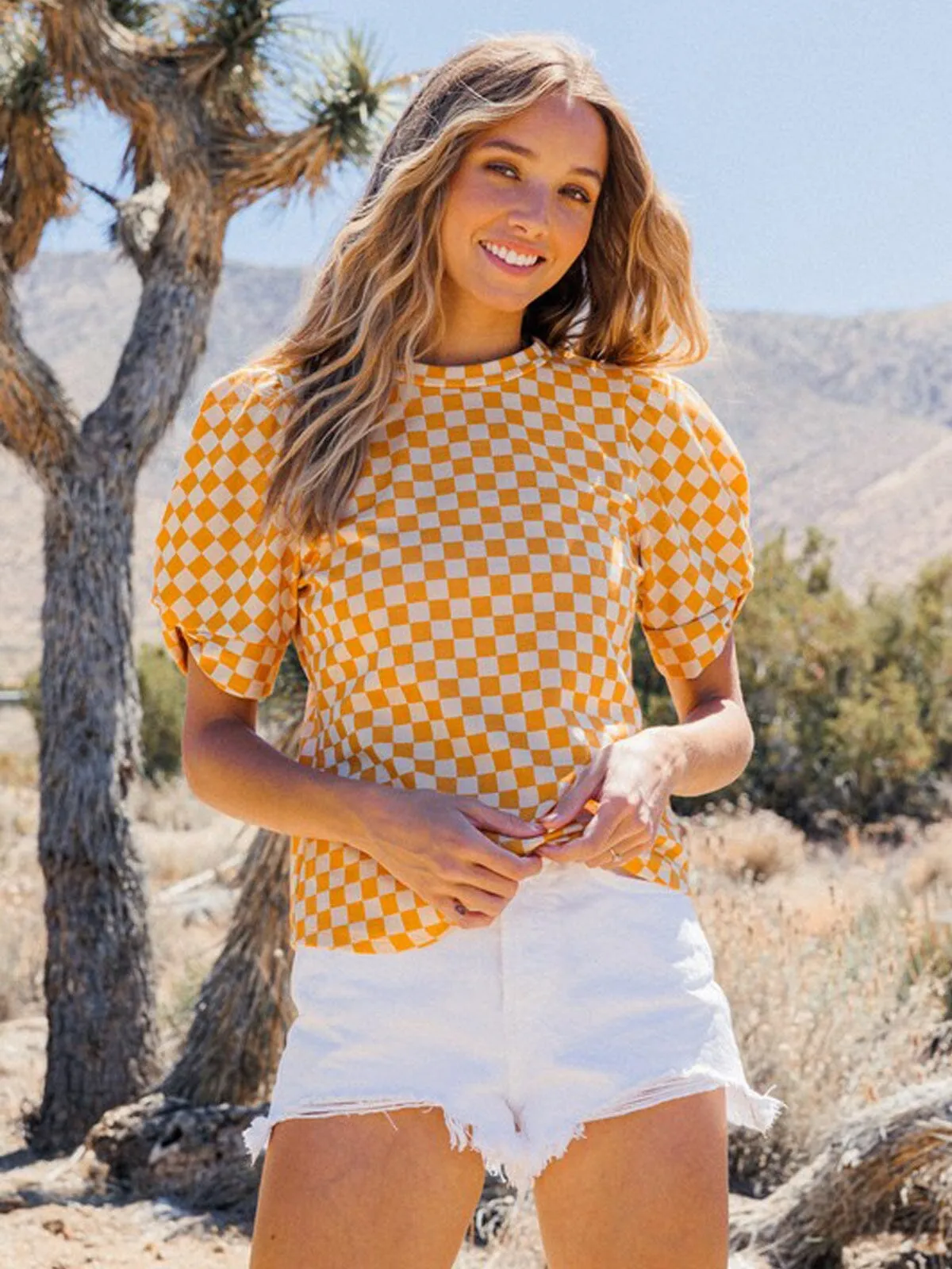 WOMEN'S SHORT PUFF SLEEVE CHECKERS PRINT TOP