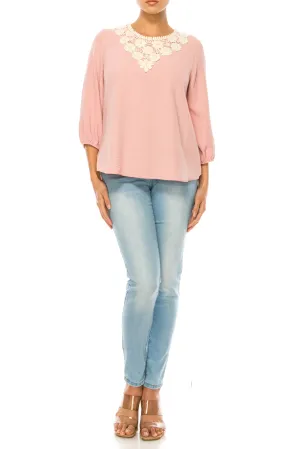 Women's Solid 3/4 Sleeve Blouse with Puff Sleeves and Lace and Pearl Accent