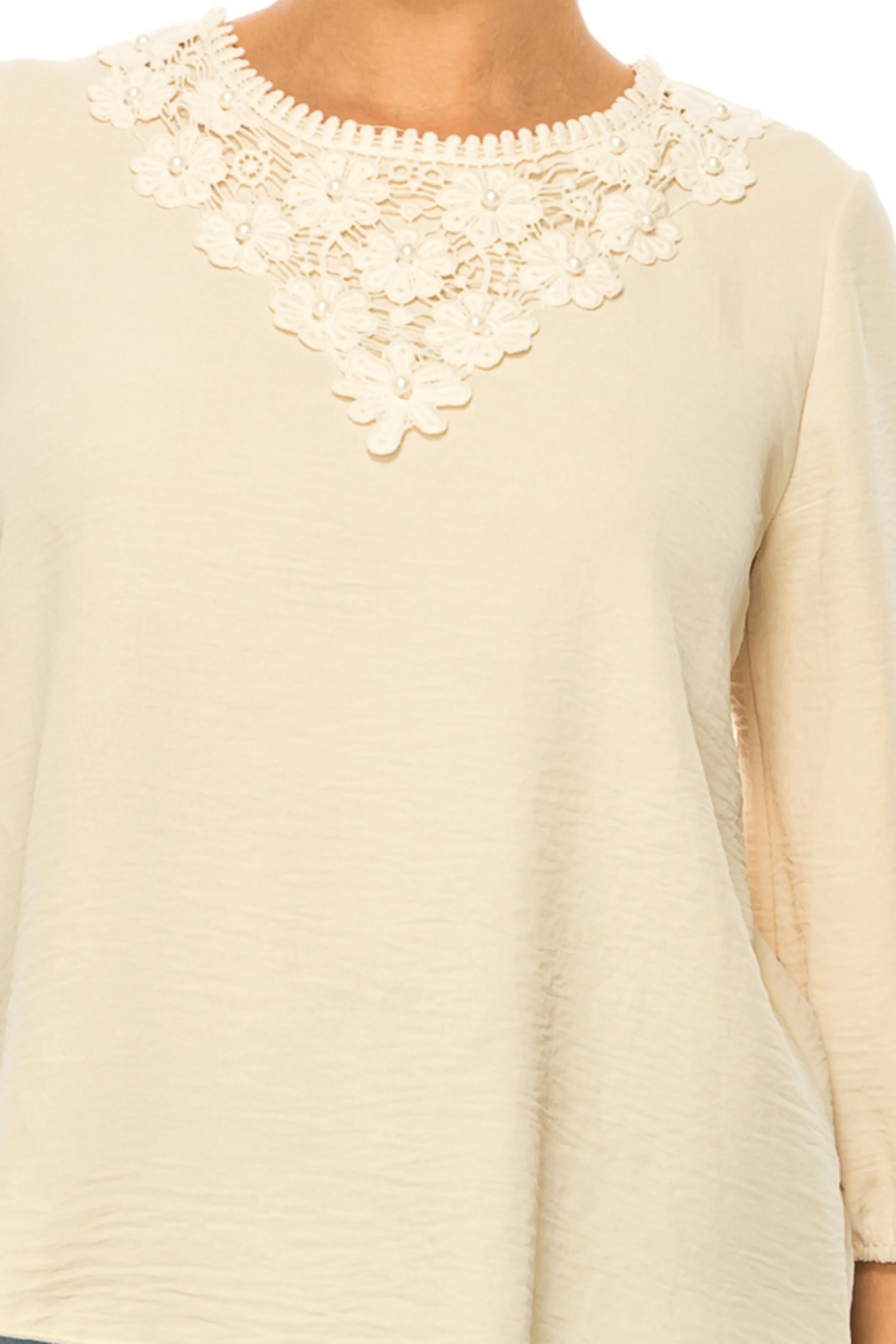 Women's Solid 3/4 Sleeve Blouse with Puff Sleeves and Lace and Pearl Accent