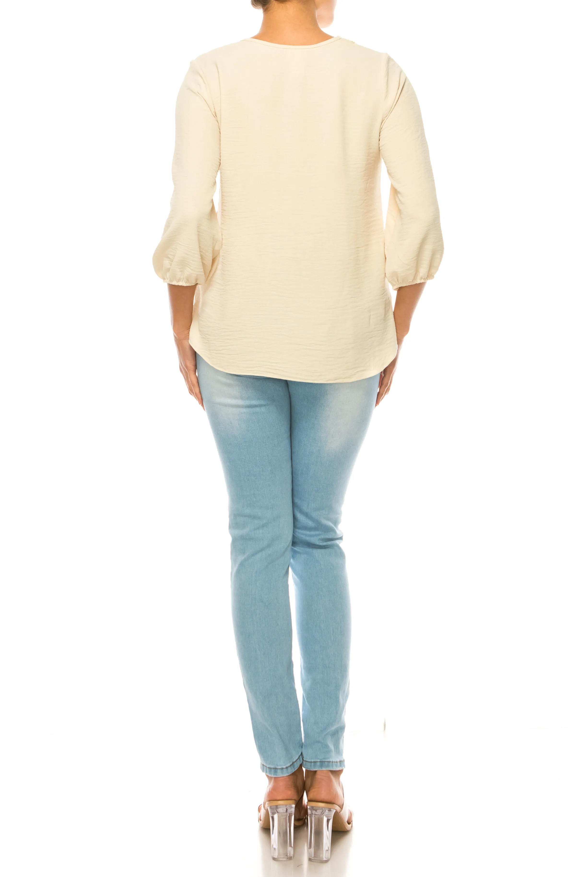 Women's Solid 3/4 Sleeve Blouse with Puff Sleeves and Lace and Pearl Accent
