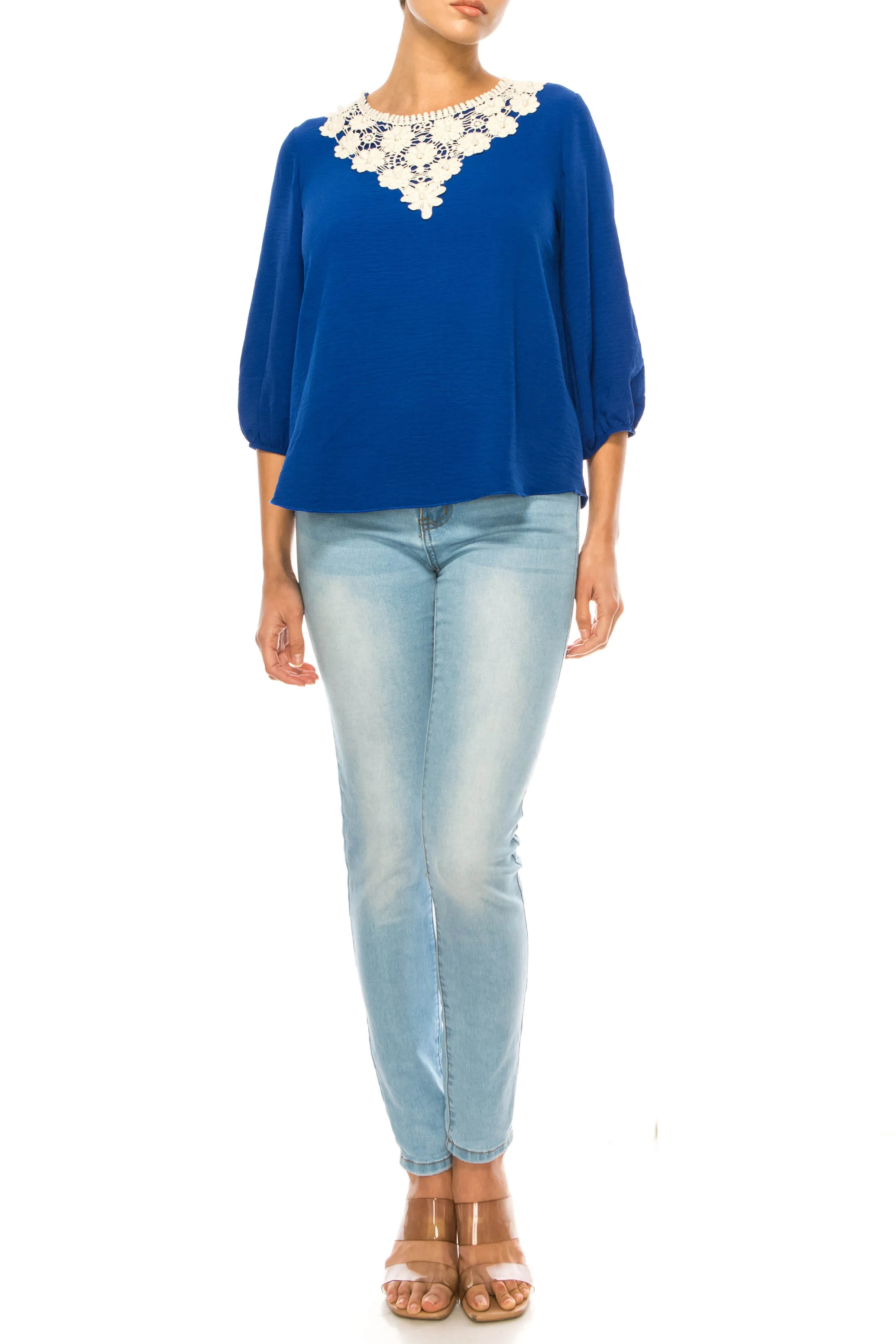 Women's Solid 3/4 Sleeve Blouse with Puff Sleeves and Lace and Pearl Accent