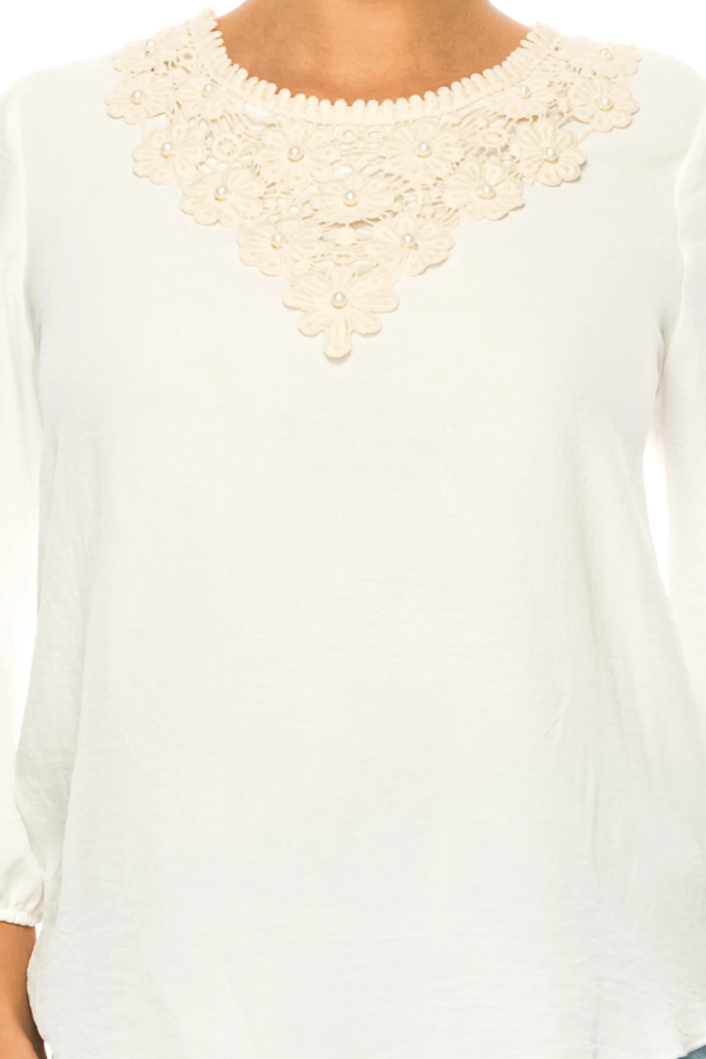 Women's Solid 3/4 Sleeve Blouse with Puff Sleeves and Lace and Pearl Accent