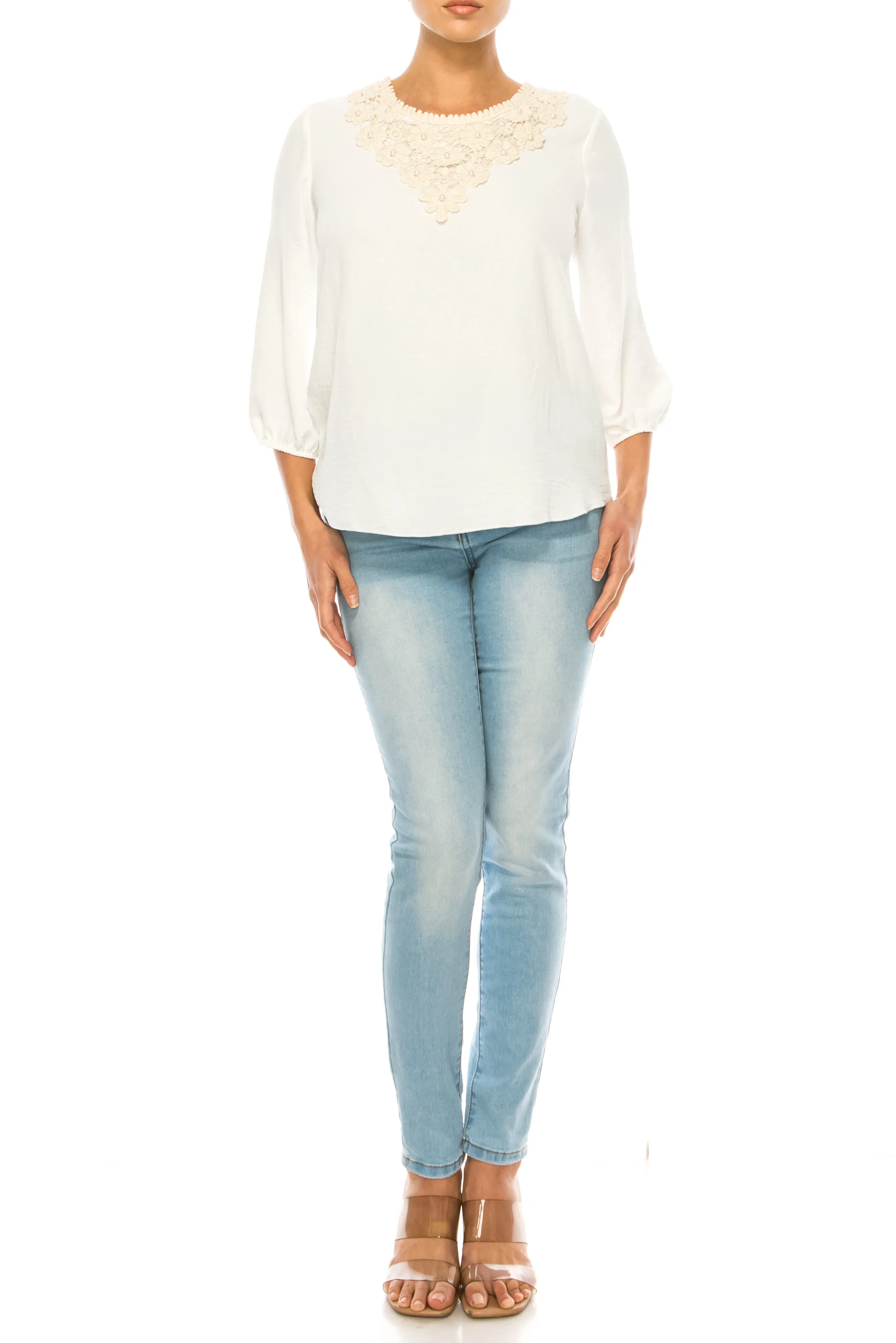 Women's Solid 3/4 Sleeve Blouse with Puff Sleeves and Lace and Pearl Accent