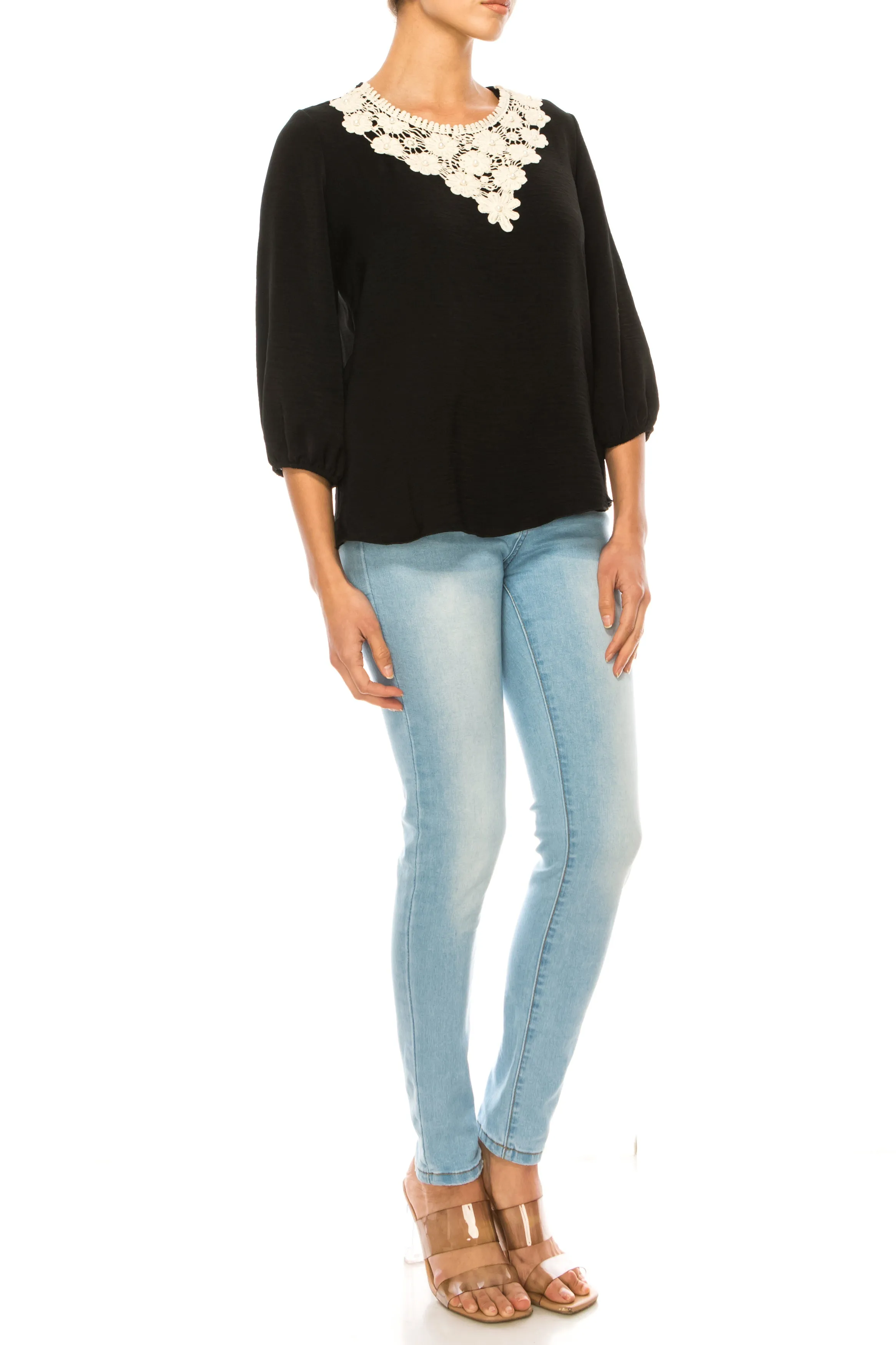 Women's Solid 3/4 Sleeve Blouse with Puff Sleeves and Lace and Pearl Accent