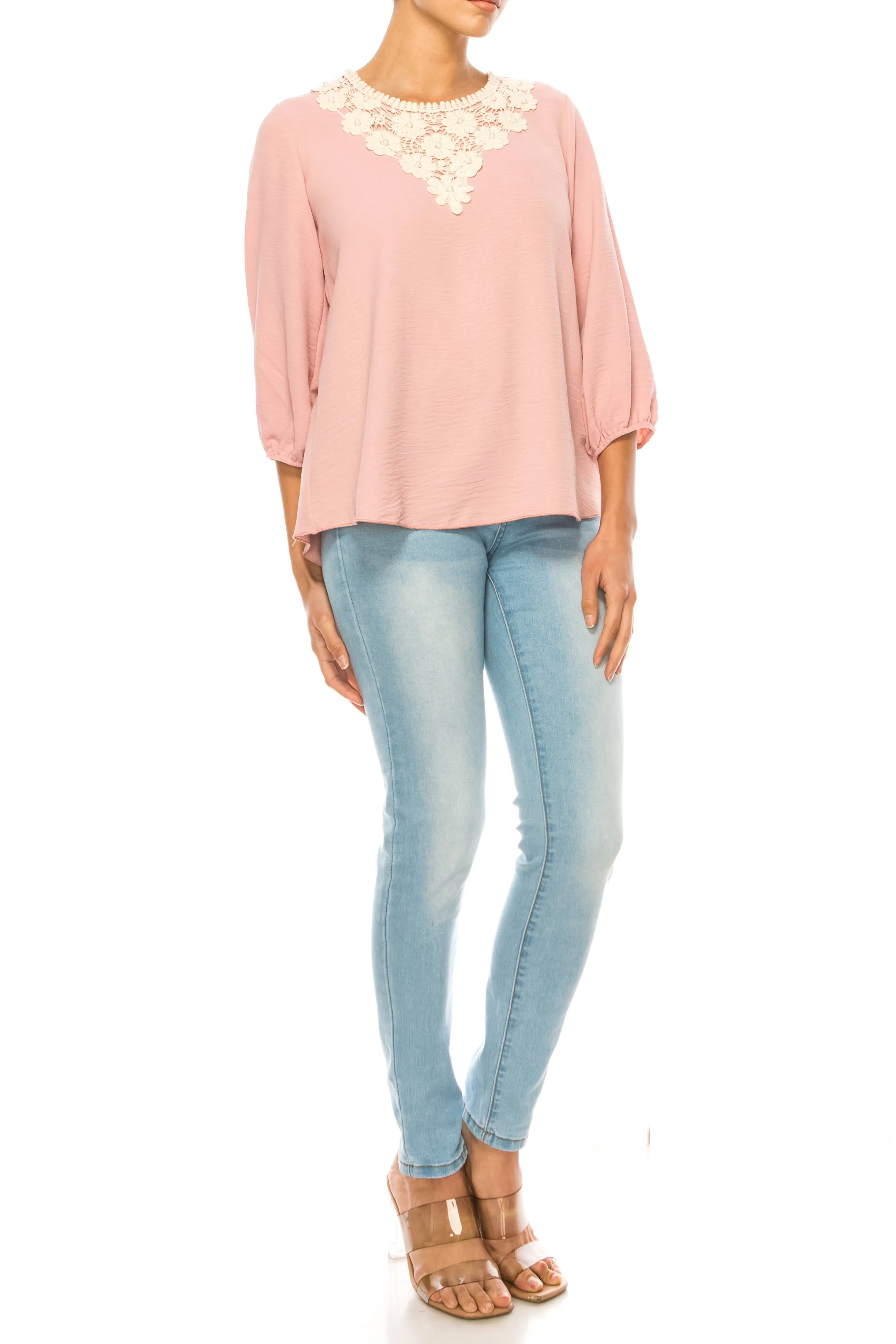 Women's Solid 3/4 Sleeve Blouse with Puff Sleeves and Lace and Pearl Accent