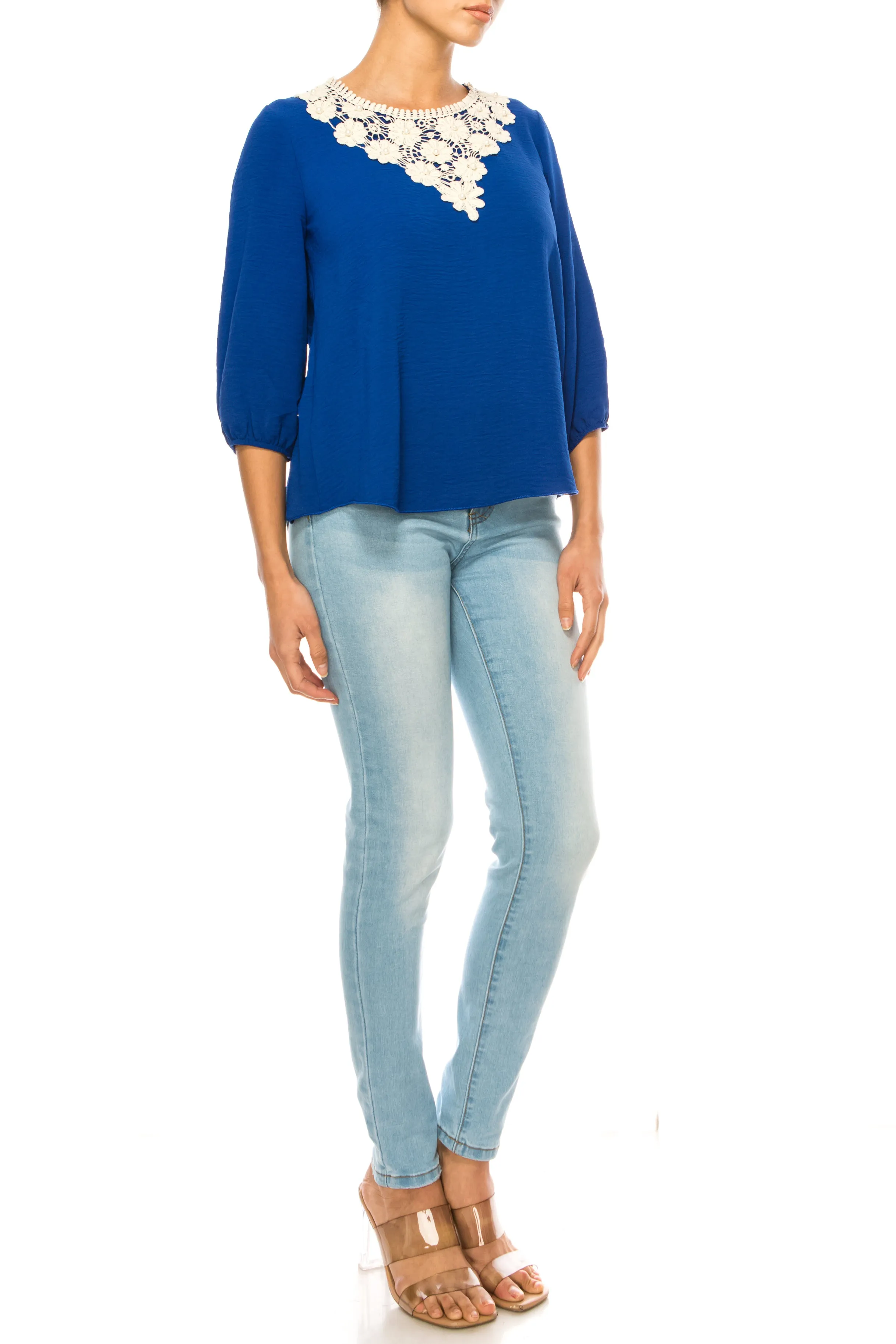 Women's Solid 3/4 Sleeve Blouse with Puff Sleeves and Lace and Pearl Accent