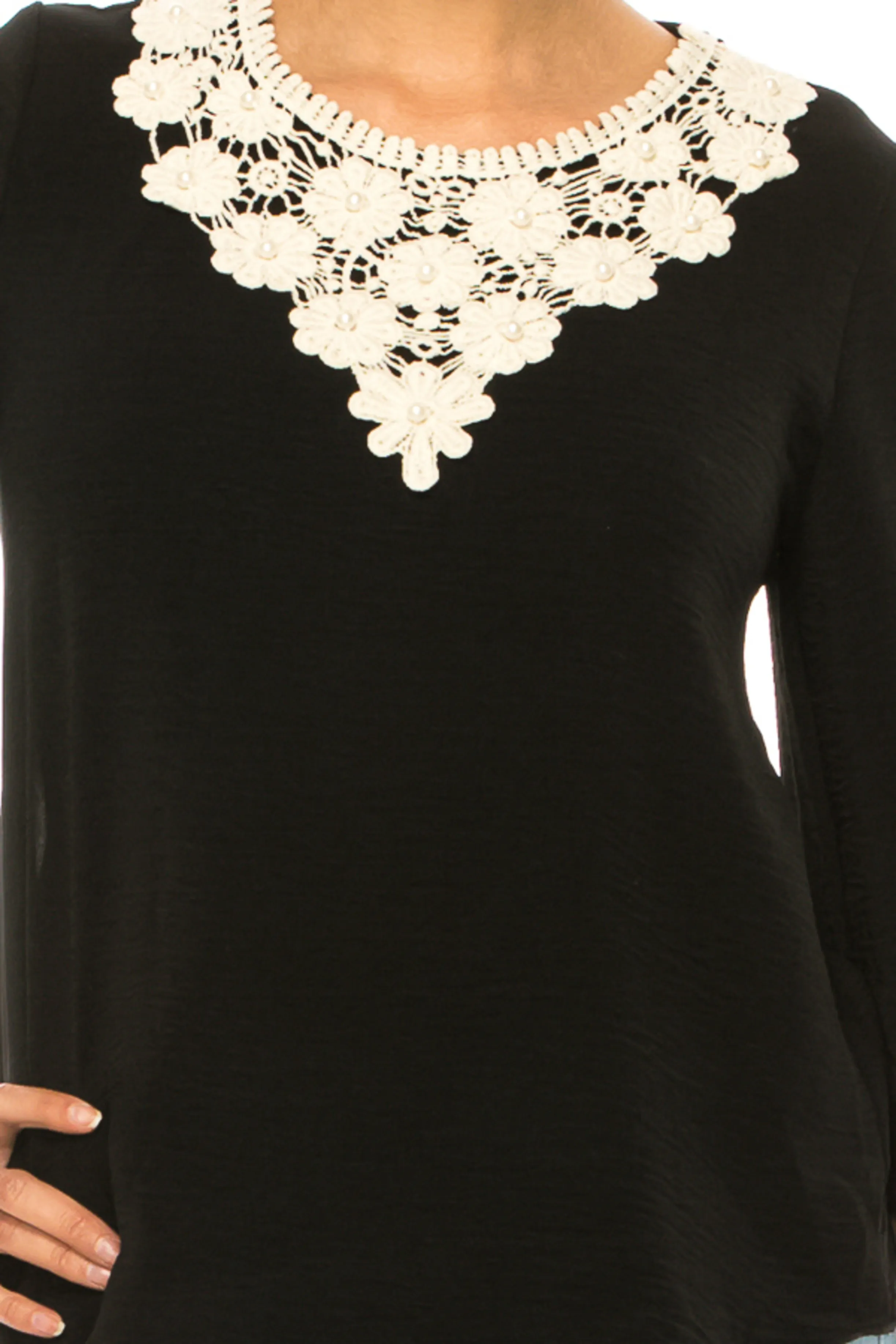 Women's Solid 3/4 Sleeve Blouse with Puff Sleeves and Lace and Pearl Accent