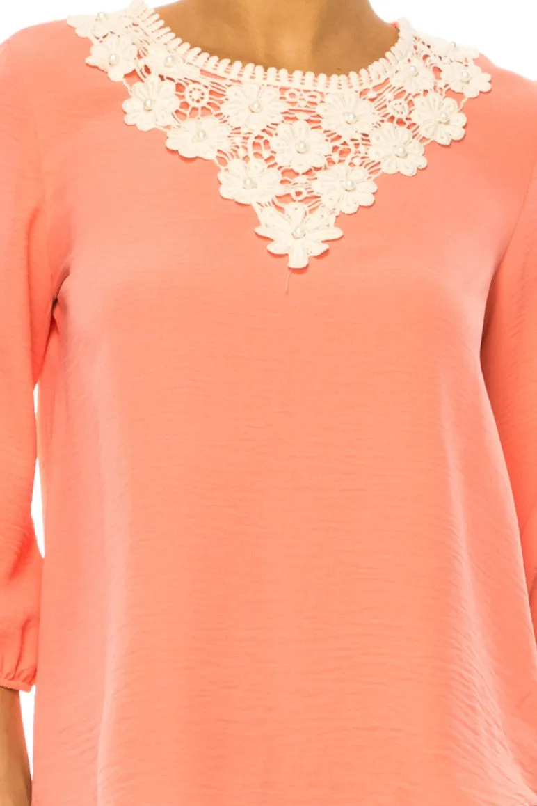 Women's Solid 3/4 Sleeve Blouse with Puff Sleeves and Lace and Pearl Accent