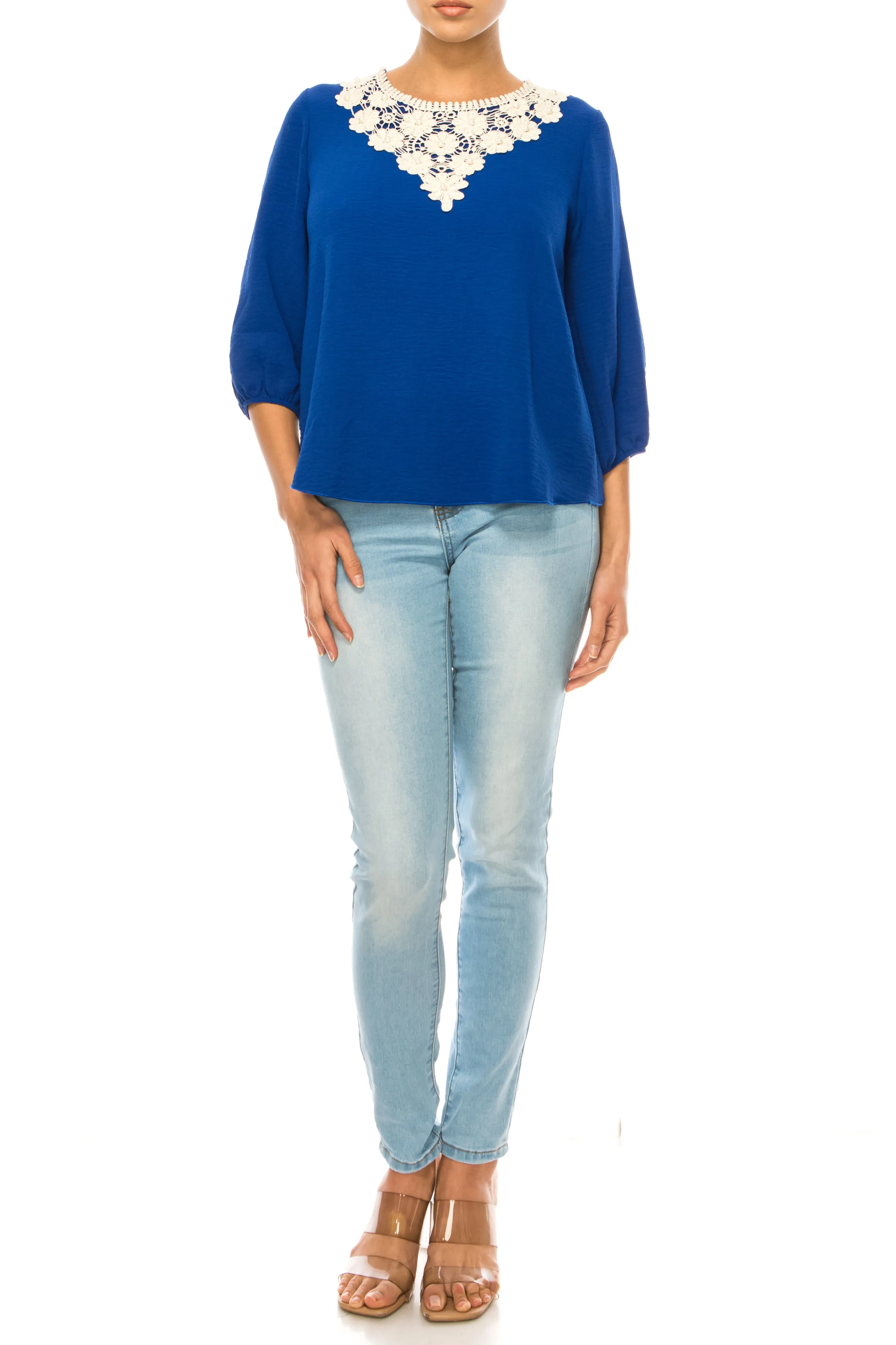 Women's Solid 3/4 Sleeve Blouse with Puff Sleeves and Lace and Pearl Accent